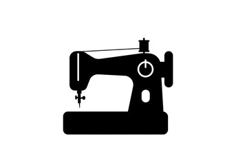A black silhouette of a sewing machine with a thread spool isolated on a white background design art