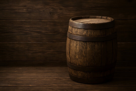Wooden barrel rustic vintage container on dark background, old oak cask storage object, empty space composition for branding, alcohol wine whiskey aging concept, brewery cellar interior, classic woode
