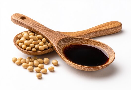 Two wooden spoons; one holds soybeans, the other, dark soy sauce; scattered soybeans nearby, on a white background - Powered by Adobe