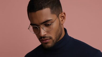 Obraz premium Young man wearing round eyeglasses and a navy turtleneck looking down against a muted pink background