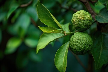 Obraz premium Fresh bergamot fruit on branch with vibrant green leaves