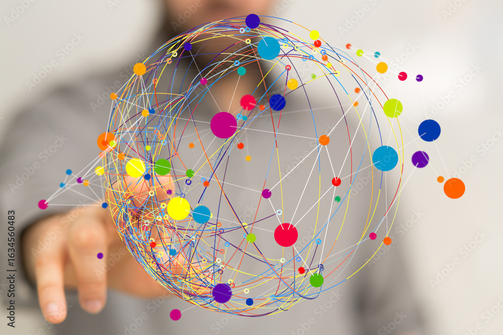 Poster abstract image of a global network. colorful nodes and lines represent connections.