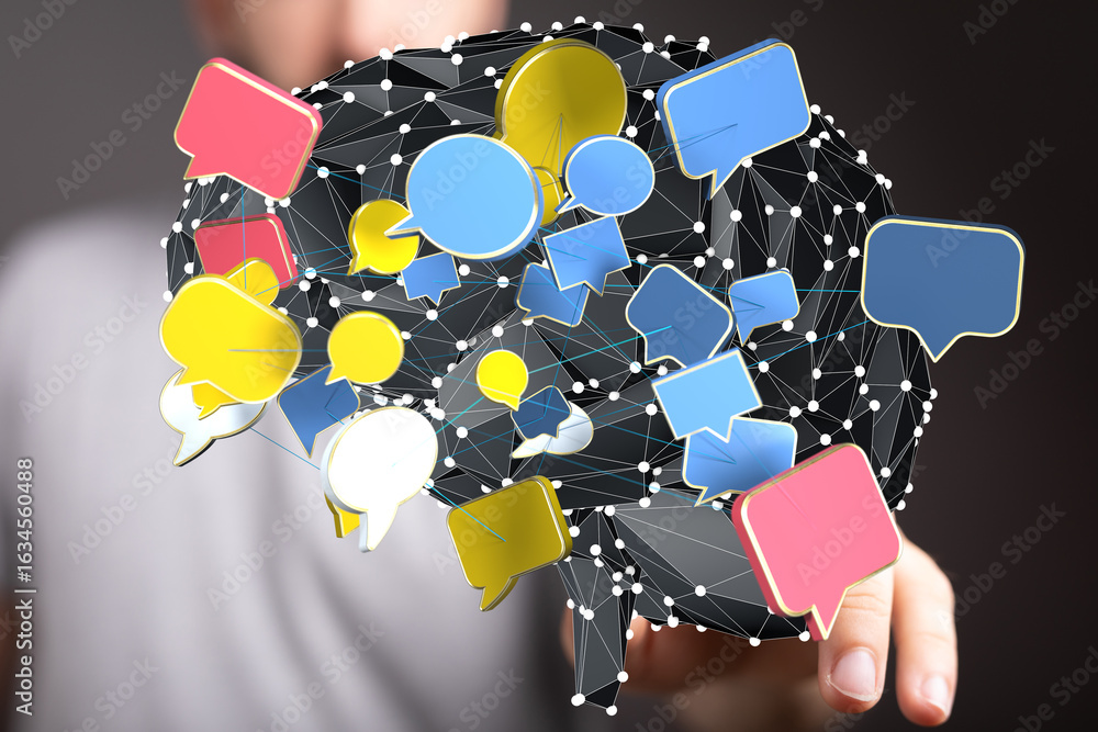 Poster abstract image of a brain with interconnected speech bubbles, representing communication, ideas, and