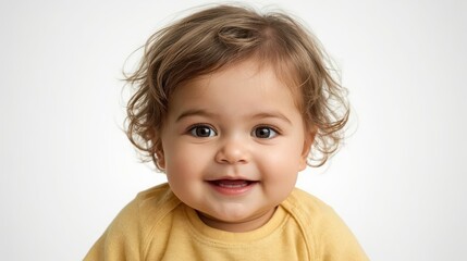Fototapeta premium Close up studio portrait of a smiling baby with curly brown hair and dark eyes