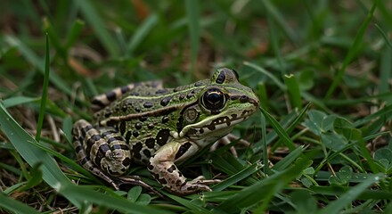 Obraz premium Close-up of a spotted frog nestled in green grass.