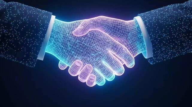 Two glowing wireframe hands digitally connect in a handshake, symbolizing future technology, partnership, and abstract innovation.