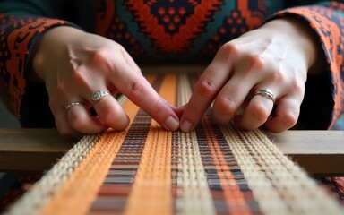 Close-up of Hands Weaving Traditional Textile with Brown and Orange Threads. High quality