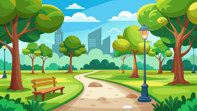 Vector art of a vibrant cartoon park with tall trees, a curved path, a solitary bench, and a lamppost, showcasing a city skyline in the distance