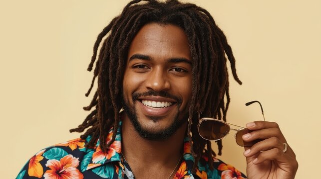Smiling Black man with dreadlocks wearing floral shirt holding sunglasses 76 characters