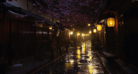 Traditional Japanese Alley with Sakura Blossoms and Lanterns in Spring Rain