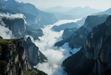 A breathtaking mountain landscape where towering cliffs and rocky formations rise above a sea of clouds, creating a dramatic contrast between the rugged terrain and the ethereal atmosphere