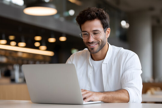 Young male entrepreneur working on laptop in cafeteria