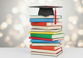 A tall stack of colorful books is topped with a black graduation cap, symbolizing academic achievement and education against a blurred, bokeh background