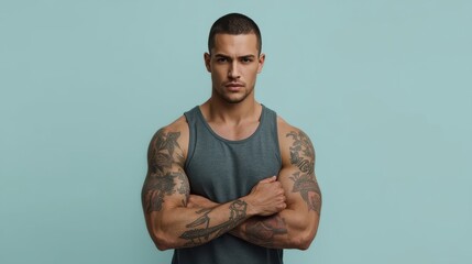 Muscular man with full arm tattoos wearing a tank top arms crossed against blue background