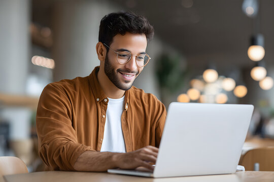 Young man working on laptop in a cafeteria