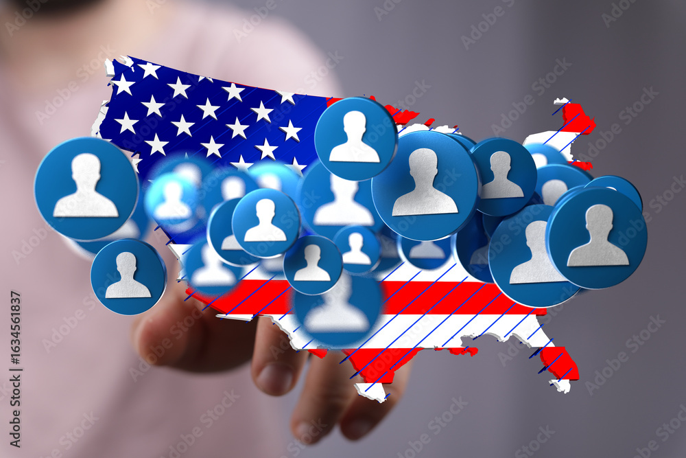 Poster visual representation of us population data. digital map with user icons.