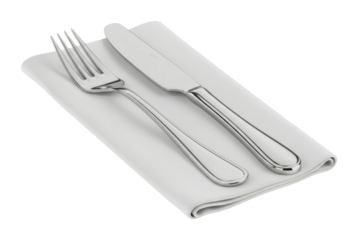 Elegant silver fork and knife on crisp white napkin for fine dining. Cut out PNG