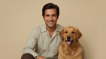 Smiling man with a happy golden retriever dog posing together on a neutral backdrop
