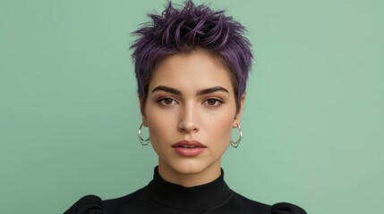 A young woman with short purple hair and hoop earrings faces forward against a mint green background