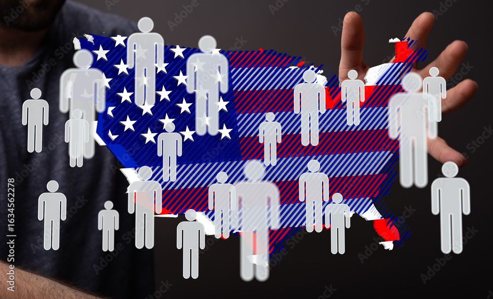 Poster image showing a map of the usa overlaid with icons representing population density.