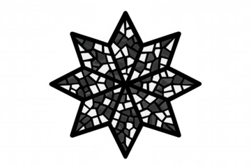 Black and white mosaic eight-pointed star on a transparent background, ideal for design projects