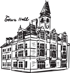 Architectural ink drawing of Wakefield Town Hall, a striking Victorian civic building in England. Line art sketch captures ornate features like turrets, clock tower and stone fa&ccedil;ade detail.