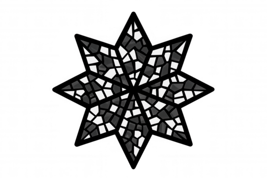 Black and white mosaic eight-pointed star on a transparent background, ideal for design projects