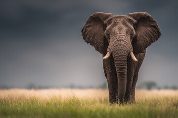 Obraz premium Powerful elephant in a grassy savanna, dramatic sky