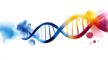 A colorful watercolor illustration of a DNA double helix, showcasing vibrant hues and artistic splashes in blue, orange, and pink.