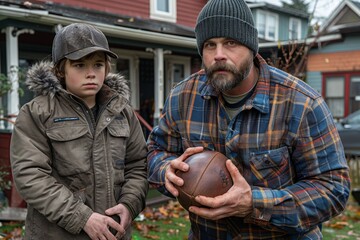 Fototapeta premium Father and son bonding over football in a cozy neighborhood setting during autumn
