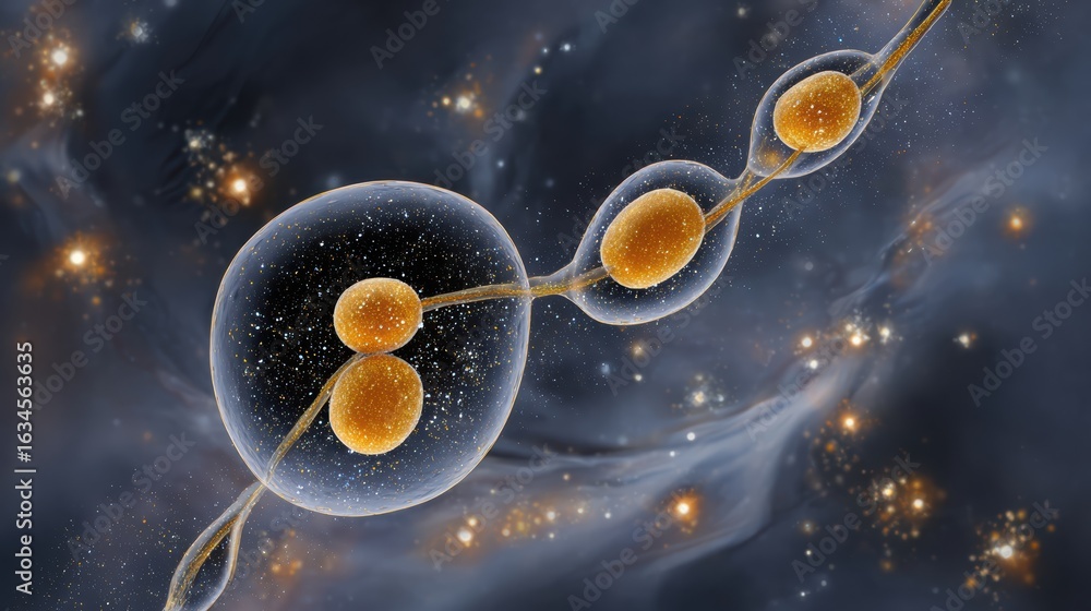 Poster a vibrant depiction of cellular structures in space, showcasing interconnected cells surrounded by s