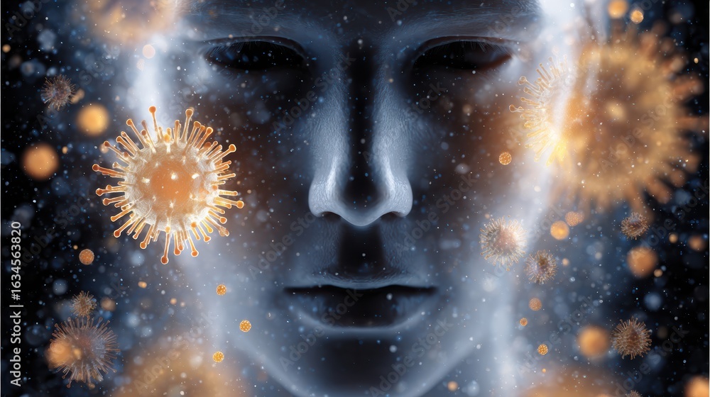 Poster a digital representation of a face surrounded by abstract virus particles, reflecting themes of tech