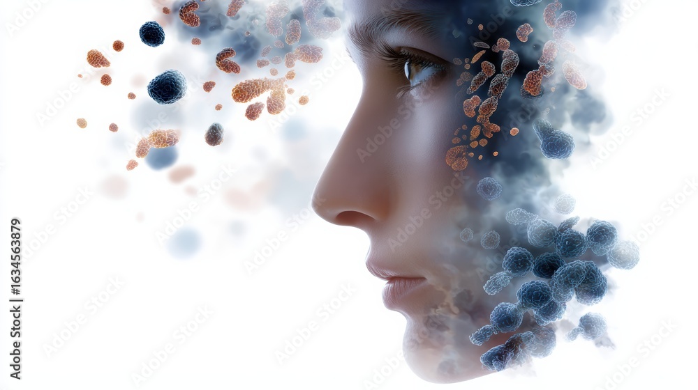 Poster a digital artwork depicting a human profile intertwined with abstract cellular structures and partic