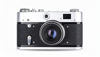 Vintage silver and black rangefinder camera on white background.