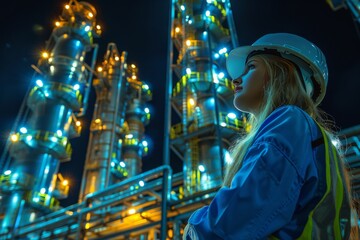 Obraz premium Young engineer analyzing operations at night in a modern industrial plant with illuminated towers