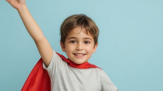 Happy young boy in a superhero cape with arm raised against a light blue background