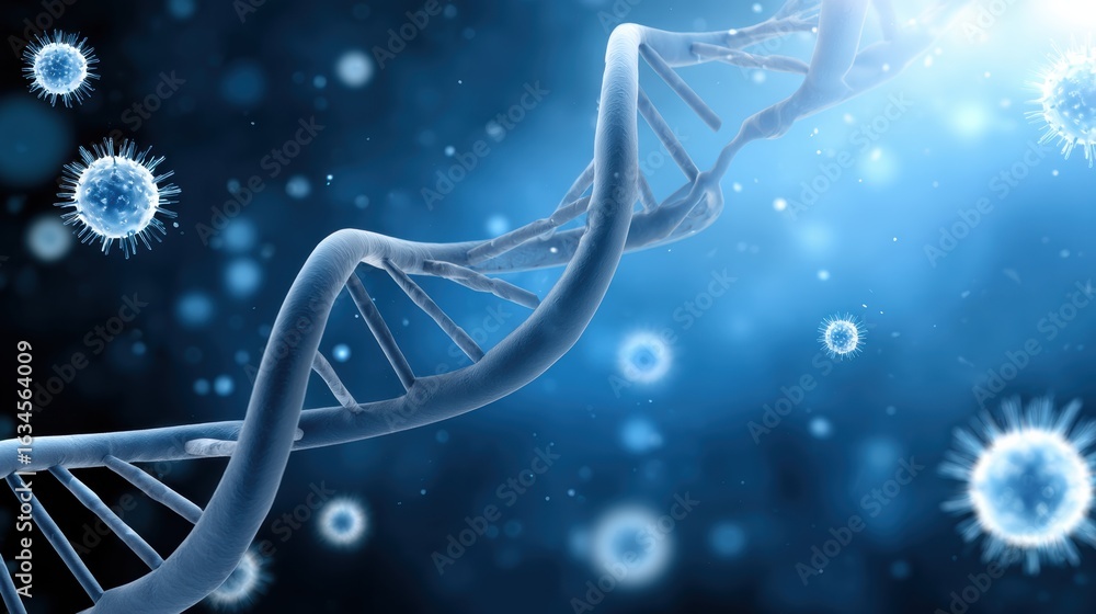Poster a visually captivating representation of dna strands surrounded by microscopic viruses, showcasing t