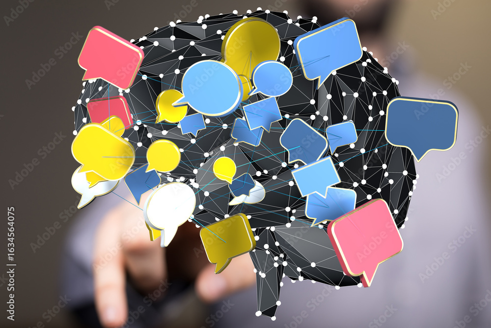 Aufkleber 3d rendering of interconnected speech bubbles surrounding a brain, symbolizing communication and ide