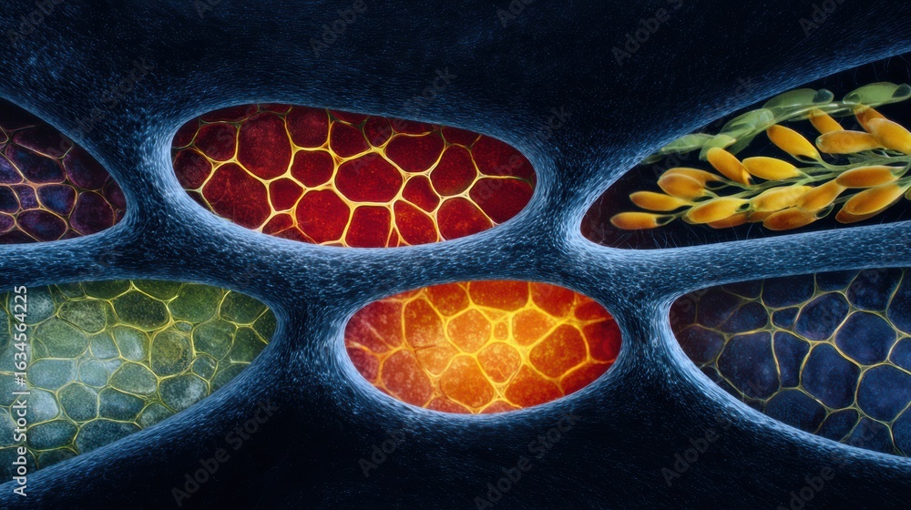Poster a close-up, colorful depiction of cellular structures showcasing various shapes and patterns, highli