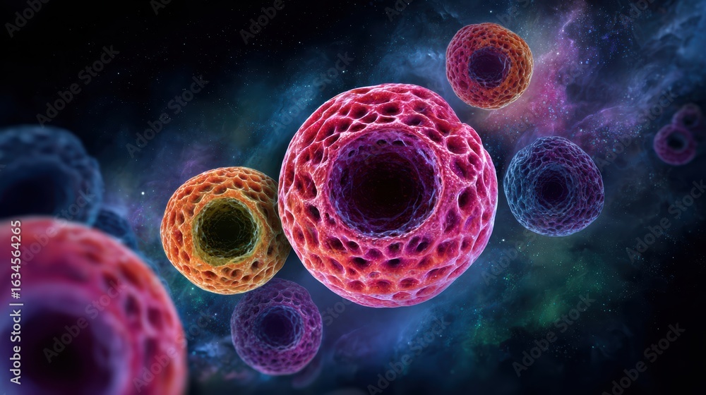 Poster a vibrant depiction of cells floating in space, showcasing intricate colors and textures against a c