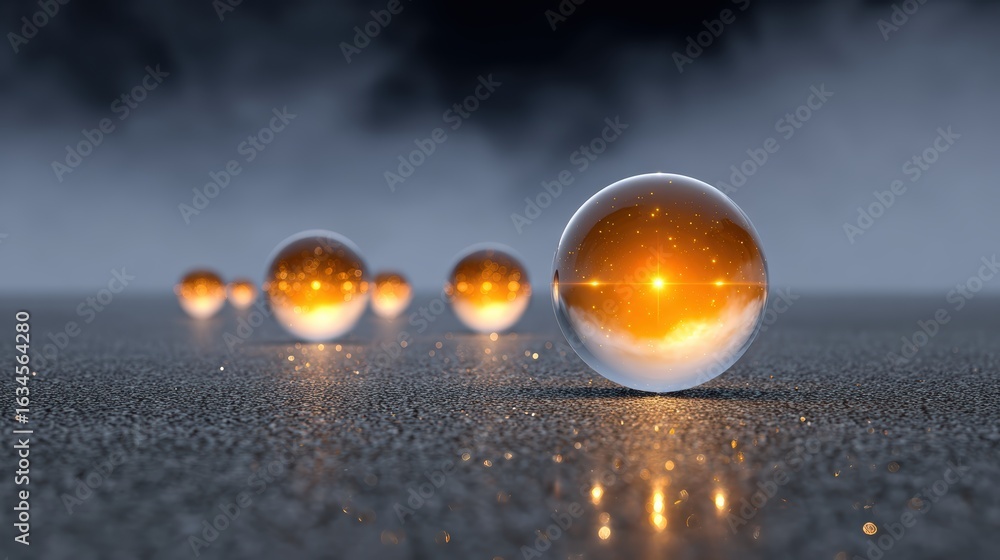 Poster a series of glowing orbs on a reflective surface, creating a mystical and enchanting atmosphere with
