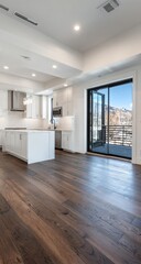 Obraz premium Modern kitchen and living area with hardwood floors and mountain view