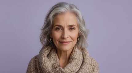 Fototapeta premium Portrait of a mature woman with wavy gray hair and a cozy sweater against a soft lavender background
