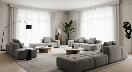 Spacious modern living room interior with comfortable grey sofas, coffee tables, and elegant floor lamp, showcasing contemporary home design
