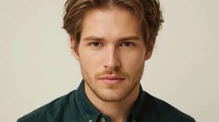 Obraz premium Close up portrait of a young man with brown hair and light stubble wearing a dark green shirt