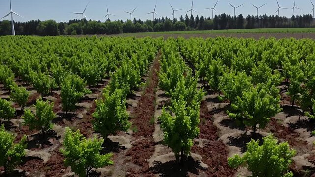 Crisp 4K 60fps footage of young heather and ericaceous trees planted across rolling hills with wind turbines in the background highlighting ecological restoration and sustainable water conservation