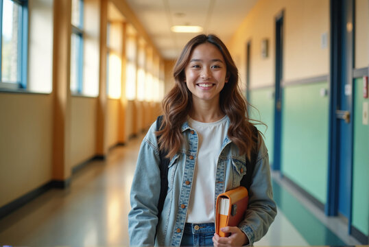 Groupe de lyc&eacute;ens souriants traversant un couloir d&rsquo;&eacute;cole baign&eacute; de lumi&egrave;re dor&eacute;e, portant sacs &agrave; dos, cahiers et manuels scolaires.