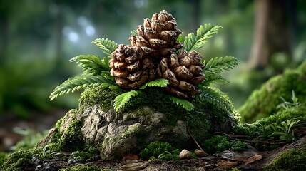 A cluster of pinecones on a mossy forest floor.