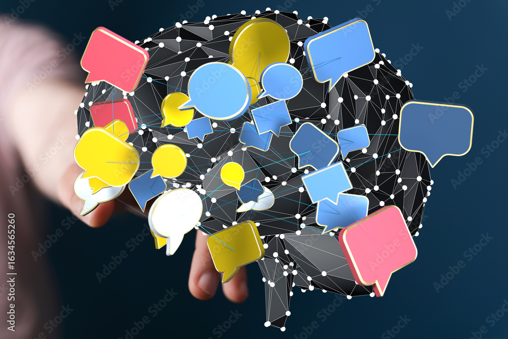 Aufkleber abstract 3d rendering of a brain with colorful speech bubbles, symbolizing communication and network
