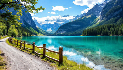 A turquoise lake bordered by a wooden fence and path, with tree-covered mountains under bright sunlight.